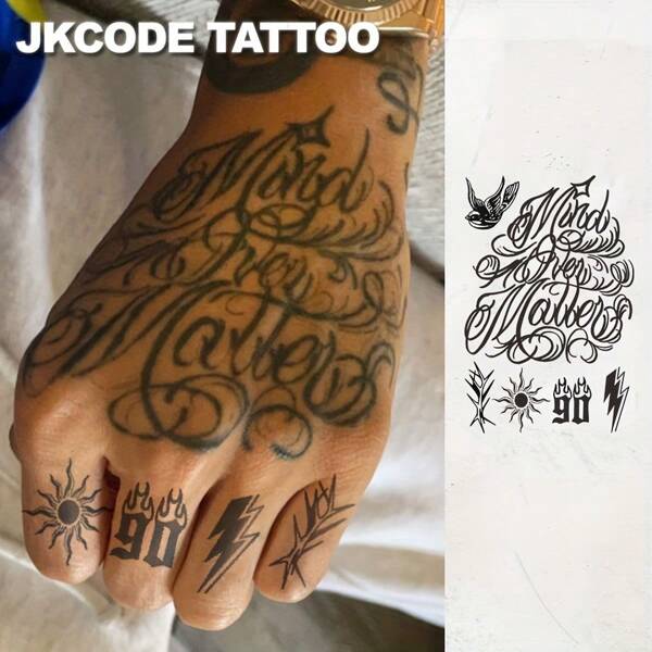 JKCODE TATTOO Waterproof Hand Temporary Tattoo For Men - Street Graffiti - "MIND OVER MATTER" Text Tattoo - Street Art Style Tattoo For Hands, Fingers, Neck, Head, Lasts Up To 15 Days