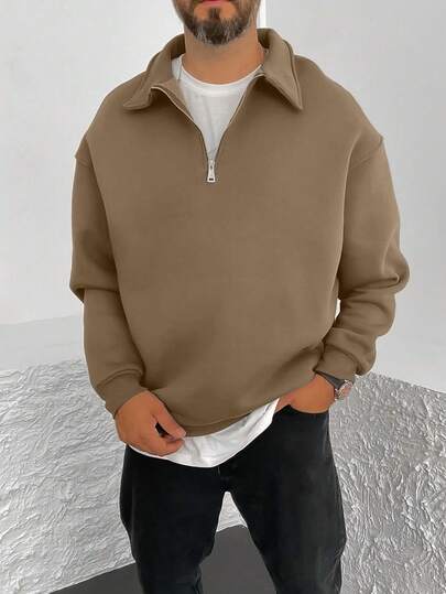 男士休闲轻薄抓绒领拉链卫衣，纯色