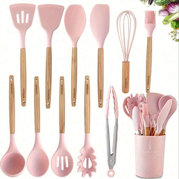 Set di 12 utensili da cucina in silicone con manici in legno e secchiello portautensili, set di pentole antiaderenti che include: spatola, cucchiaio forato, mestolo per minestre, spazzola, pinze per alimenti, frusta
