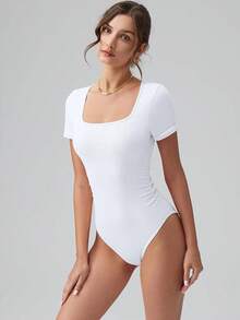 OQQ Women Bodysuits Ruched Short Sleeve Square Neck Stretch Lounge Travel Bodysuits - White - View 2