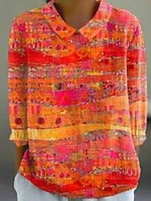 Women's Shirt Floral Bohemia Daily Stylish Long Sleeve Shirt Collar Regular Tops Daily Orange Buttons Print For Summer Spring - 彩色 - 查看 2