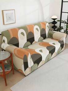 1pc Geometric Pattern Stretch Sofa Cover, Suitable For All Seasons, Protects Sofa And Decorates Home - Burnt Orange - View 7