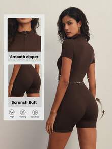 FWH 复古风健身连体衣，收腰提臀设计，收腹提臀，前卫街头风格，腰部塑形拉链细节，性感街头风格，女士拉链前身塑身连体衣