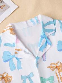 Sweet, Fashionable And Casual Girls' Summer Home Two Pieces Set, Colorful Bow Short Sleeve Shorts Suit, Stand Collar Cardigan Design, Comfortable Fabric, Very Suitable For Wearing At Home, Reading, Resting And Relaxing. - White - View 8