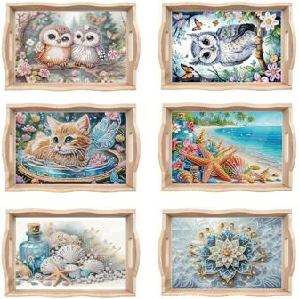 1/6 stuks houten frame DIY diamant schilderij ladeset, ster, schelp, bloem, uil patroon onregelmatige diamant stippen kunst acryl decoratieve lade, woondecoratie cadeau - ideaal voor feesten of woondecoratie, unieke vakantiecadeaus voor familie en vrienden