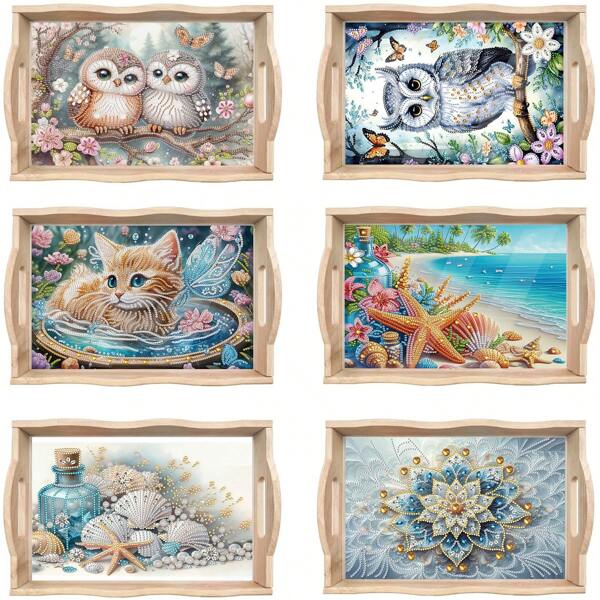 1pc/6pcs Wooden Frame DIY Diamond Painting Tray Set, Star, Shell, Flower, Owl Pattern Irregular Diamond Dot Art Acrylic Decorative Tray, Home Decor Gift - Ideal For Parties Or Home Decor, Unique Holiday Gifts For Family And Friends