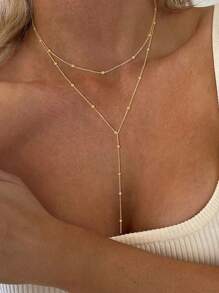 1 Pc Stainless Steel Double-Layer Necklace Long Pendant Necklace Jewelry Y-Shaped Chain With Round Ball Pendant Double Chain Necklace For Women Daily Wear