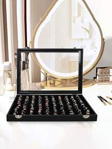 1pc, Black Velvet Ring Storage Box, Pu Leather Jewelry Box 100 Compartment Jewelry Ring Display Tray, Jewelry Storage Box With Glass Lid, Ring Storage Box, Earring Jewelry Storage Box, Dustproof Jewelry Box, Display Box, Summer Travel Storage - 100 Slots Storage Box - View 2