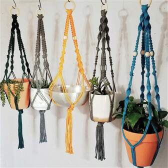 Handcrafted Bohemian Style Hanging Basket (No Pot Included) - Versatile Designs And Colors, Wooden Ring & Bead Accents, Perfect For Your Favorite Planters, Ideal Decor Choice, Plant Hanging Rack Plant Pot Holder, Essential Home Garden Supplies