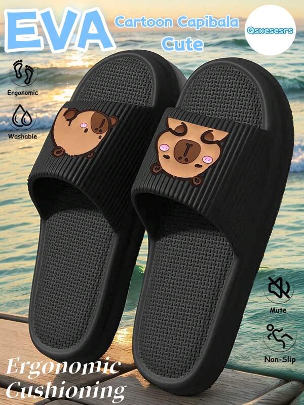 Neue Mode-Cartoon DIY Capybara vertikal gestreifter EVA Schuhe, lässige vielseitige einfache dicke weiche bequeme Hausschlappen für Zuhause, Bad und Outdoor, Unisex