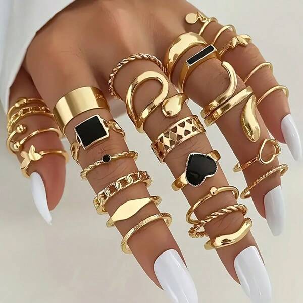 [Vintage Metallring] 27 Stücke Geometrischer Metall-Schlangen-Liebe-Schmetterling-Quadrat Mehrschichtiger Stapelring, Vintage einfach für Frühling und Sommer, Damen Alltags-Luxus-Accessoire, für Partys, Urlaub, Dates, perfektes Geschenk für Freundinnen