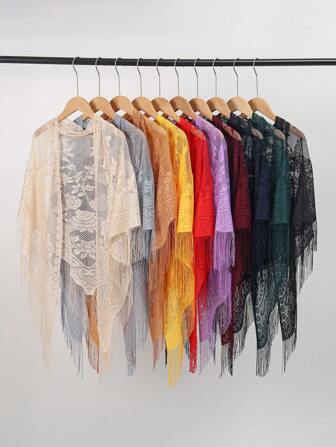 1件波西米亚风女士优雅镂空蕾丝流苏围巾，时尚百搭女士披肩，纯色花卉披肩，适合日常穿着、正式场合和户外连衣裙搭配。