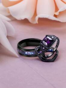 طقم خاتم خطوبة أنيق من الأحجار الكريمة البنفسجية والزركونيا، قطع وسادي اصطناعي، خواتم زفاف، مجوهرات للنساء