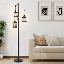 Dimmable Floor Lamps For Living Room, 3-Light Industrial Floor Lamp With Wood & Metal Cage, Farmhouse Standing Lamp Tall Tree Lamp For Bedroom Office, Rustic Black Tall Floor Lamp For Corner - 美規A型插(110-127V) - 查看 8