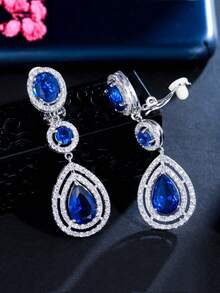 1 Pair Clip-On No Piercing Long Drop CZ Crystal Earrings, Silver Plated Red & Blue Cubic Zirconia Wedding Jewelry For Women, Brides, Bridesmaids, Engagement, Banquet, Pageant, Prom, Gift - 1 Pair Clip On Earrings - View 2