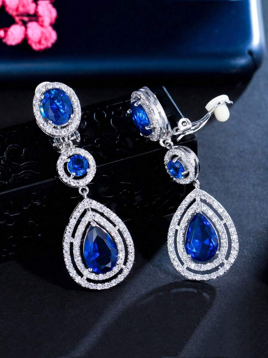 1 Pair Clip-On No Piercing Long Drop CZ Crystal Earrings, Silver Plated Red & Blue Cubic Zirconia Wedding Jewelry For Women, Brides, Bridesmaids, Engagement, Banquet, Pageant, Prom, Gift