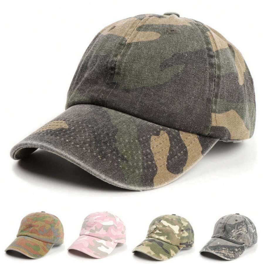 1pc Camouflage Baseball Cap, Unisex Distressed Outdoor Sports Hiking Cap, Women Sun Protection Hat, Breathable Visor Cap, Retro Camo Couple Sun Hat - Multicolor - View 1