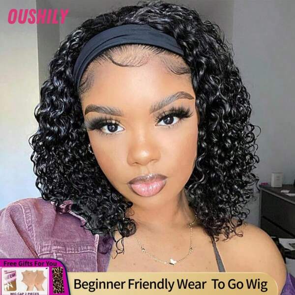 200% Density Deep Curly Headband Wigs Ready To Wear Wigs Water Wave Curly Glueless None Lace Frontal Wigs Glueless Full Machine Made Hair Wigs For Beginners Women Daily Use Natural Black Color Jerry Curly Natural Curly Wigs For Halloween Parties, Holidays And Cosplay Christmas