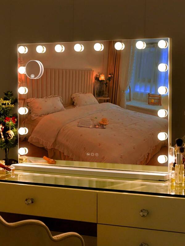 FENCHILIN FENCHILIN Großer Holly wood-Eitelkeitsspiegel mit Lichtern Make-up-Spiegel mit 18 dimmbaren Glühbirnen, 3-Farben-Licht-Einstellungen, USB-Anschluss, großer intelligenter Schlafzimmer-Make-up-Spiegel für Tischplatte Wandhalterung weiß 80cm x 58cm