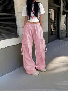 Y2K Street Cargo Pants Flap Pockets With Tape Drawstring Waist Elastic Wide Leg Parachute Pants Daily Casual Wear Travel Comfy Lightweight Trousers For Women - Pink - View 5