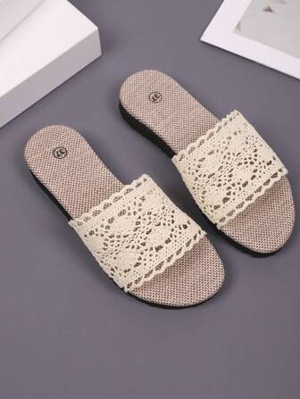 女士圆头系带米色针织带加大码一脚蹬厚底亚麻家居拖鞋，2025 新款时尚简约百搭室内休闲舒适米色平底凉鞋，母亲节送给妈妈的礼物