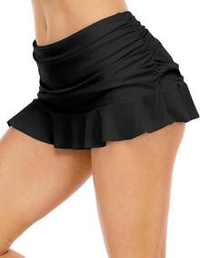 Halcurt Women's Low Waisted Ruched Ruffle Swim Skirts With Hipster Bikini Bottoms Tummy Control Swimsuit - Black/Ruched - View 3