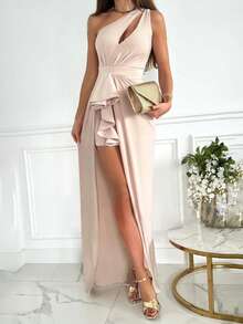 2025 Spring And Summer Fashion Solid Color Party Elegant Elegant Hollow High Slit To Thigh Women's One Shoulder Sleeveless Mid-Length Dress - Pink - View 3
