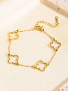 Conjunto de 4 peças ZNICE, pulseira de aço inoxidável banhada a ouro 18K com quatro folhas de flores, pulseira de corrente com quatro folhas de flores vazadas, adequada para festas femininas, uso diário, estilo europeu e americano, personalizada, generosa, luxuosa pulseira de zircônia cúbica, ótimo presente para meninas, mulheres, parentes, amigos