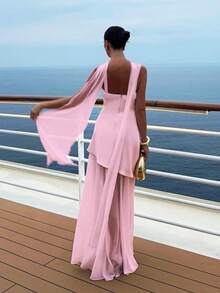 Women's Summer Solid Color Chiffon Patchwork Dress With Waist Tie Sash - Pink - View 5
