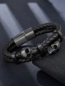 1pc Men's Punk Style Skull Cross Handmade Woven Leather Bracelet Accessory - Bracelet - View 2