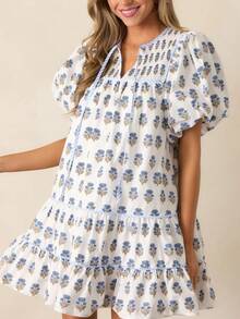 Women V Neck Floral Print Short Dress Summer Slim Fit Short Sleeve Y2K Striped Casual A Line Dresses With Pockets Aesthetic Clothes Beach Streetwear - 藍色 - 查看 5