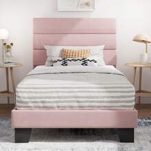 SHA CERLIN Twin/Full/Queen/King Platform Bed Frame With Velvet Upholstered Headboard, Sturdy Wooden Slats, No Box Spring Needed, Pink - 粉色 - 查看 1