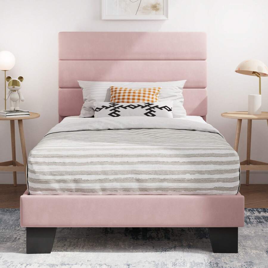 SHA CERLIN Twin/Full/Queen/King Platform Bed Frame With Velvet Upholstered Headboard, Sturdy Wooden Slats, No Box Spring Needed, Pink - 粉色 - 查看 1