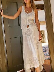 Women Summer Tie Front Tank Tops Y2k Lace Trim Flowy Peplum Cami Shirts Boho Chiffon Ruffle Sleeveless Vest Blouses - 白色 - 查看 6
