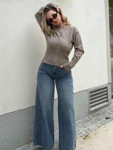 Jeta Ari 女式阔腿牛仔裤，带口袋，宽松牛仔裤 - 中等水洗藍 - 查看 5