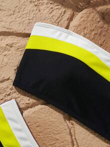 全新节日派对海滩拼布抹胸拼色女式两件套比基尼泳装 - 黑與白 - 查看 3