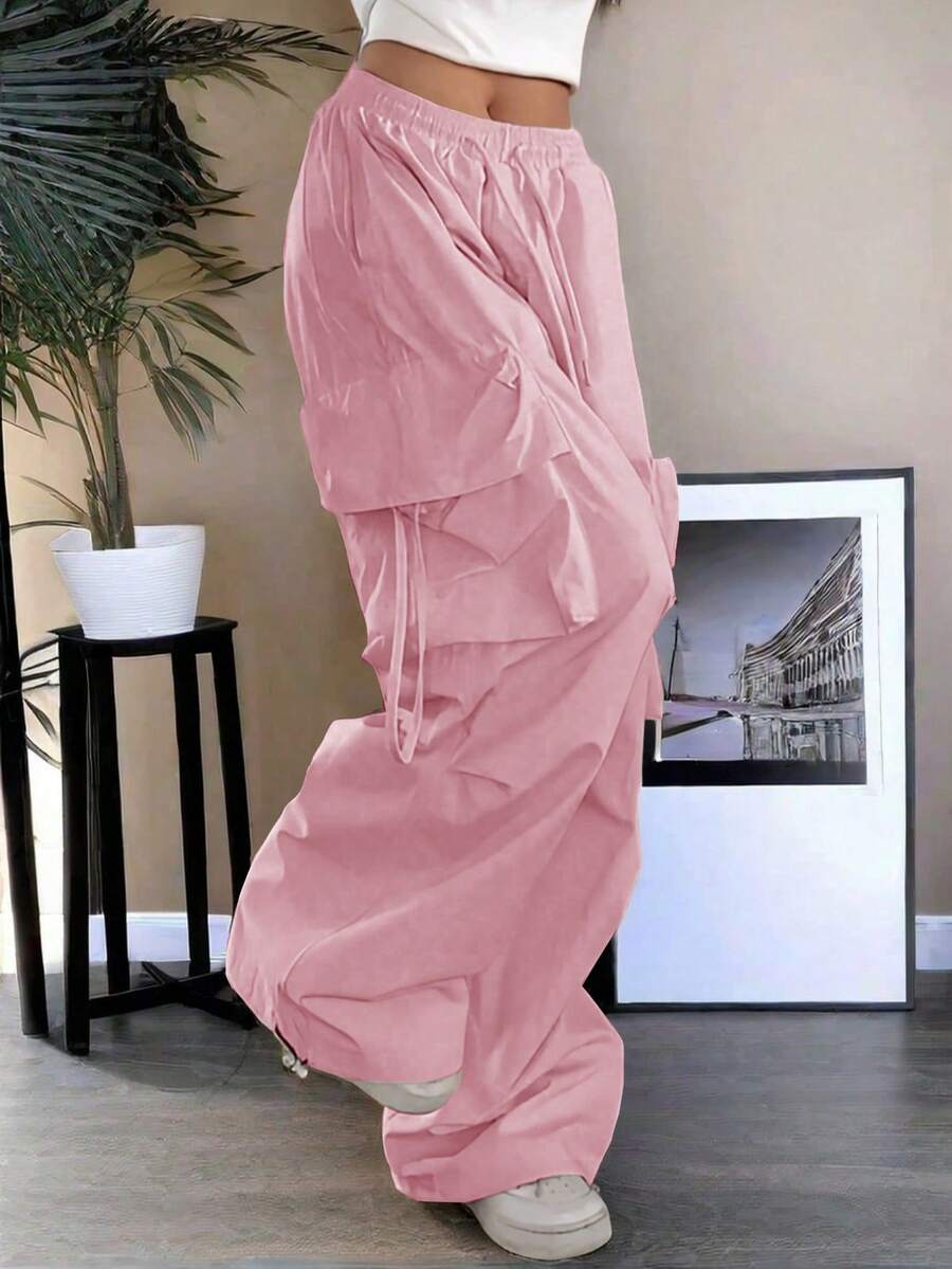 Y2K Street Cargo Pants Flap Pockets With Tape Drawstring Waist Elastic Wide Leg Parachute Pants Daily Casual Wear Travel Comfy Lightweight Trousers For Women - Pink - View 1