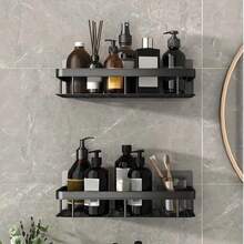 1PCS Wall Mounted Stainless Steel Shelf, Self-Adhesive Bathroom Shelf, No-Punch Easy Installation Storage Basket, Space Saving Balcony, Bathroom, Kitchen, Bedroom Organizer, Bathroom Supplies, Storage Supplies - 黑灰色 - 查看 4