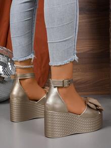 Sandalias de plataforma con punta abierta, tira de tobillo y lazo elegantes y de moda para mujer de talla grande. Versátiles para fiestas, reuniones, con tacón de cuña ligero, ideales para primavera/verano y viajes. - Dorado - Ver 8