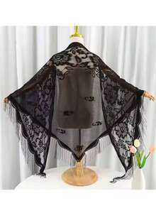 1 件女士新款蕾丝流苏披肩围巾，轻盈透气纯色三角围巾，头巾，婚礼、派对、伴娘礼服配饰 - 卡其色 - 查看 2