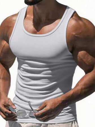 【健身必备】男士无袖肌肉健身上衣 - 速干吸湿涤纶面料，弹力白色美式风格，适合健身房和户外活动
