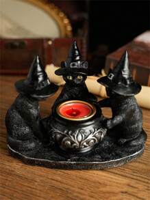 1pc Three Black Mysterious Wizard Cat Candlesticks, Dark Retro Style Decorative Candlestick Ornaments, Halloween Candlesticks, Home Kitchen Table Decorations, Festive Atmosphere Decorative Candlesticks, Halloween Decorations, Suitable For Kitchen, Dining Room, Bedroom, Living Room, Haunted House