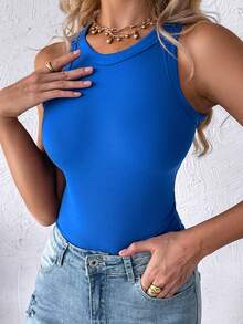 ChicMe Women Ribbed Round Neck Knit Sleeveless Cami Top Basic Slim Fit Tummy Control Tank Casual Top - Navy Blue - View 3