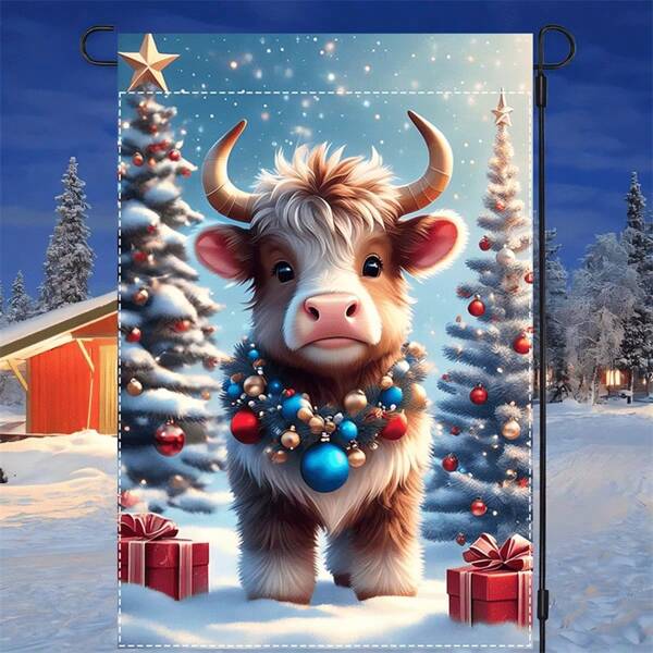 1pc Merry Christmas Highland Cow Garden Flag - Double-Sided Waterproof 12x18 Inch, Festive Winter Yard Decor With Adorable Cow, Christmas Trees & Snowflakes, Machine Washable Polyester For Outdoor Home & Garden Decoration, Cow Decorations, Snowy Landscape Theme, Christmas Decor