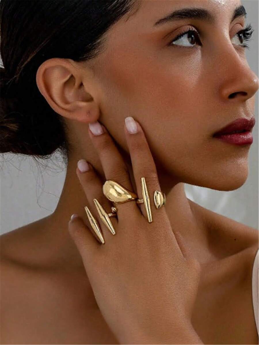 3pcs/Set Fashion Punk INS Minimalist Teardrop And Stud Triangle Ring Set, Street Style And High-End, Exaggerated And Minimalist, Abstract And Vintage, Luxury And Elegant, Suitable For Daily Commute, Party, Romantic Vacation, Photography, Exhibition Hall, Business And Personal Events, Exquisite, Gorgeous, High-End, Cute, Also Suitable For Couple Dating