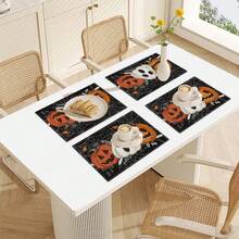 4 pièces Sets de table en lin imprimés d'éléments de citrouille, de diable et de crâne pour Halloween - Sets de table rectangulaires en lin tissé, à utiliser dans le salon, la cuisine, la table de café, la décoration de table de salle à manger
