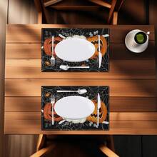 4 pièces Sets de table en lin imprimés d'éléments de citrouille, de diable et de crâne pour Halloween - Sets de table rectangulaires en lin tissé, à utiliser dans le salon, la cuisine, la table de café, la décoration de table de salle à manger