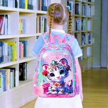 3PCS Kids Rolling Backpack, Boys Roller Wheels Bookbag, Wheeled School Bag With Lunch Bag - Tiger