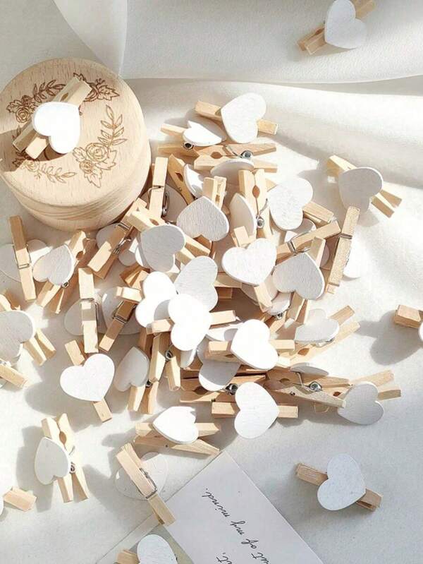 30pcs/50pcs/80pcs Postcard Clips Family Wedding Valentine's Day Decoration, Quilt Drying Clips, Red Heart Love Wooden Clothes Photo Paper Pins Mini Clothespins