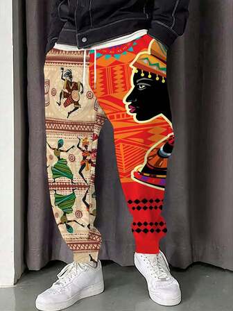 2025 Höst Nya Afrikanska Stil 3D Retro Tryck Sportkläder Herr, Casual Elastiska Midja Dragsko Fitnessbyxor